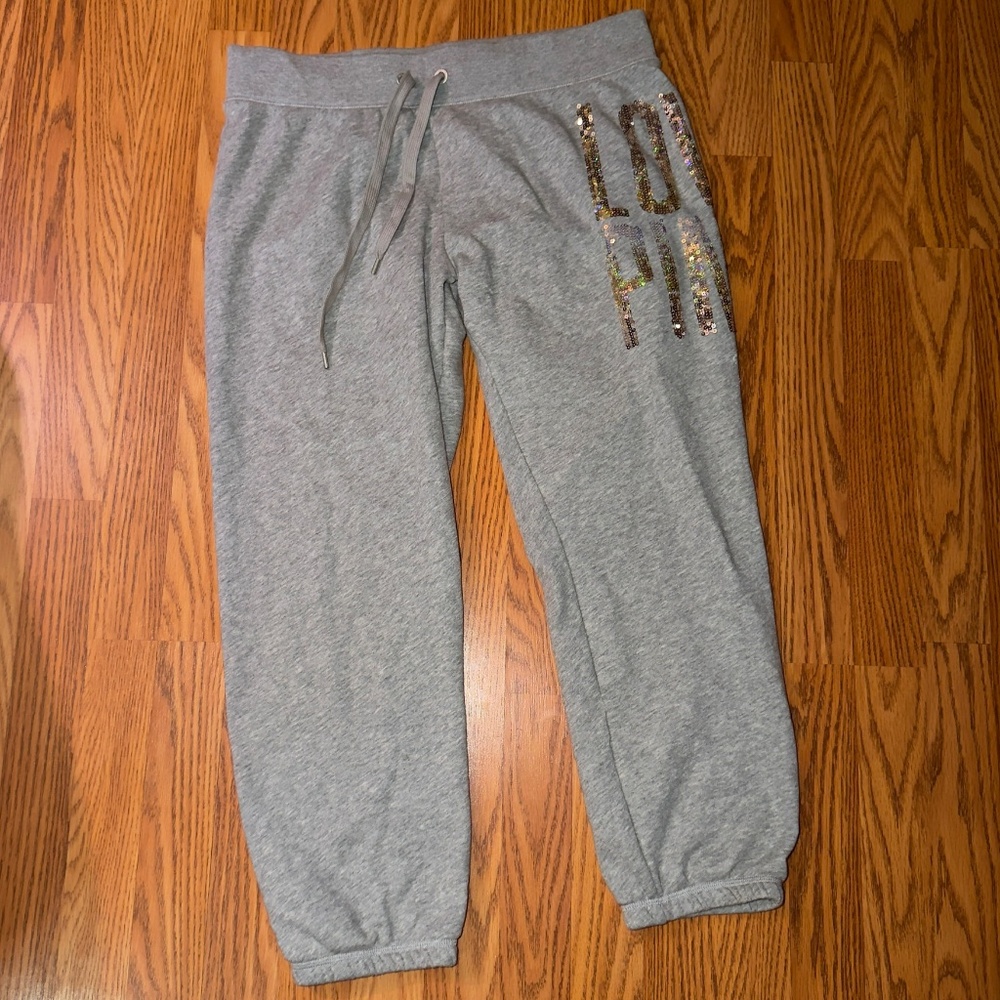 PINK Victoria’s Secret Medium Gray Jogger Sweatpants Gold Silver Sequin Logo Y2K - Picture 3 of 11